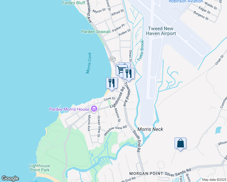 map of restaurants, bars, coffee shops, grocery stores, and more near 450 Lighthouse Road in New Haven
