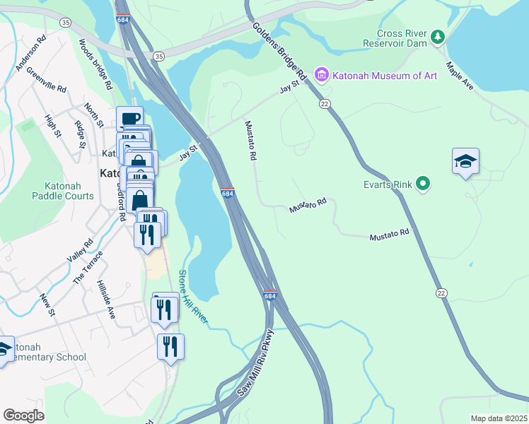 map of restaurants, bars, coffee shops, grocery stores, and more near 57 Mustato Road in Katonah