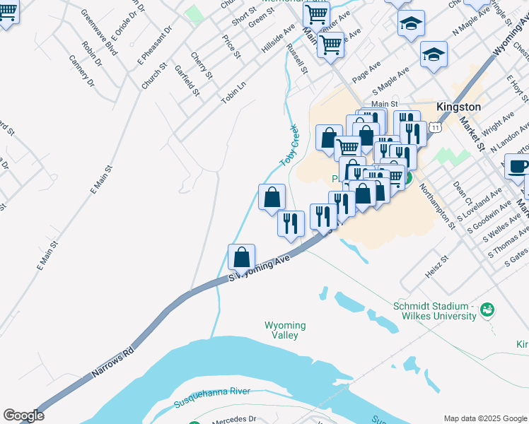map of restaurants, bars, coffee shops, grocery stores, and more near 18 Mark Plaza in Kingston
