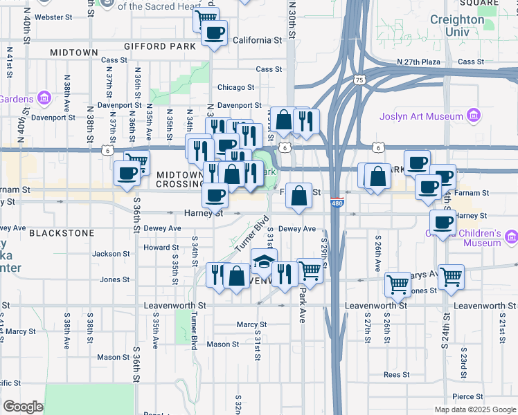 map of restaurants, bars, coffee shops, grocery stores, and more near 3114 Harney Street in Omaha