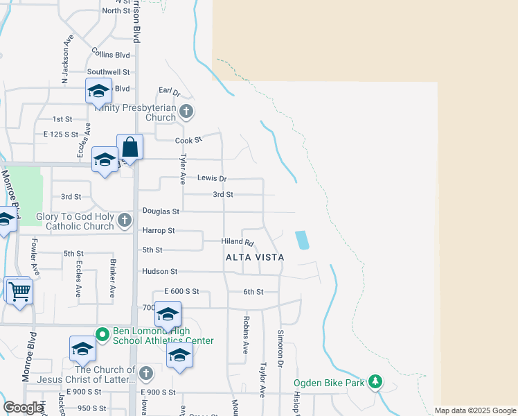 map of restaurants, bars, coffee shops, grocery stores, and more near 1488 Douglas Street in Ogden