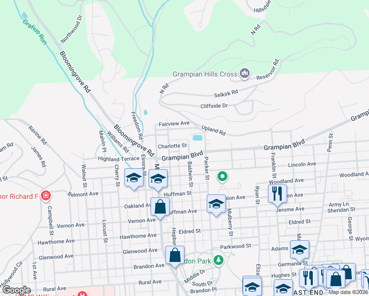 map of restaurants, bars, coffee shops, grocery stores, and more near 48 Charlotte Street in Williamsport