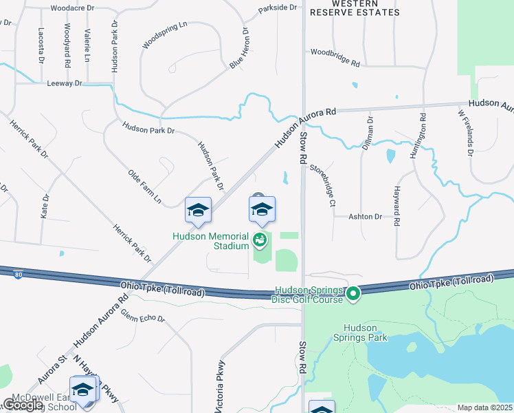 map of restaurants, bars, coffee shops, grocery stores, and more near 2500 Hudson Aurora Road in Hudson