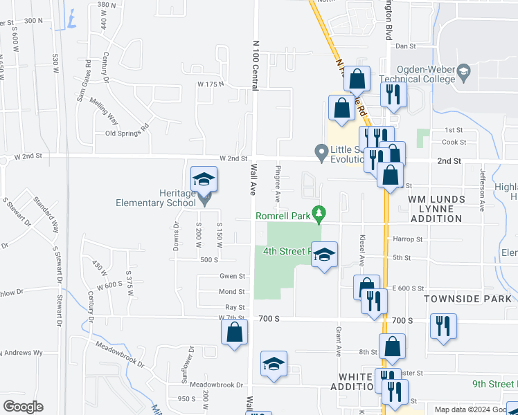 map of restaurants, bars, coffee shops, grocery stores, and more near 372 Wall Avenue in Ogden