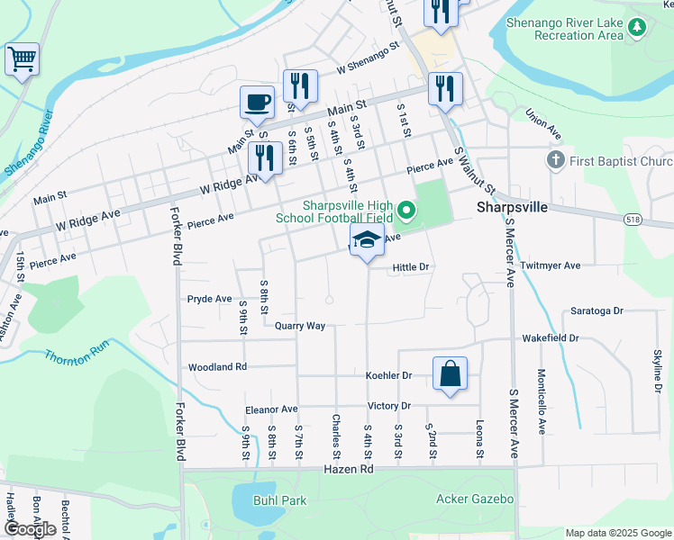 map of restaurants, bars, coffee shops, grocery stores, and more near 530 Milliken Avenue in Sharpsville