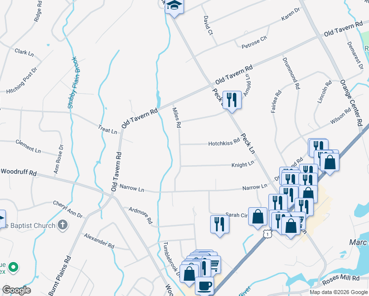 map of restaurants, bars, coffee shops, grocery stores, and more near 347 Hotchkiss Road in Orange