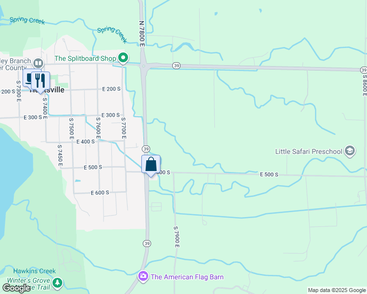 map of restaurants, bars, coffee shops, grocery stores, and more near 423 South 7900 East in Huntsville