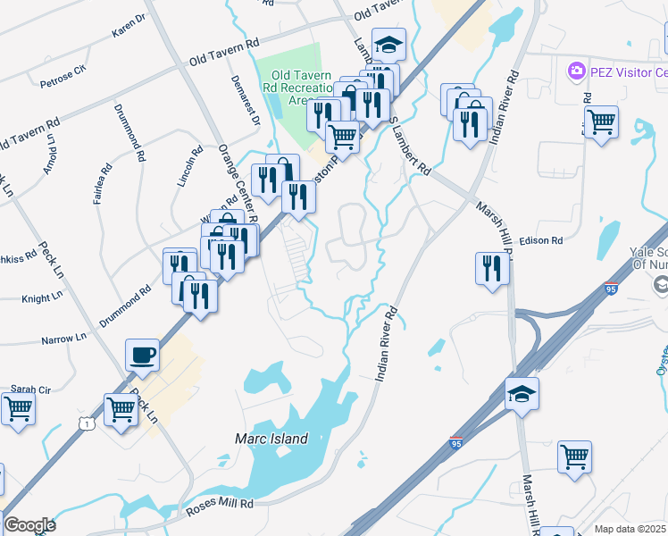 map of restaurants, bars, coffee shops, grocery stores, and more near 47 Red Cedar Circle in Orange