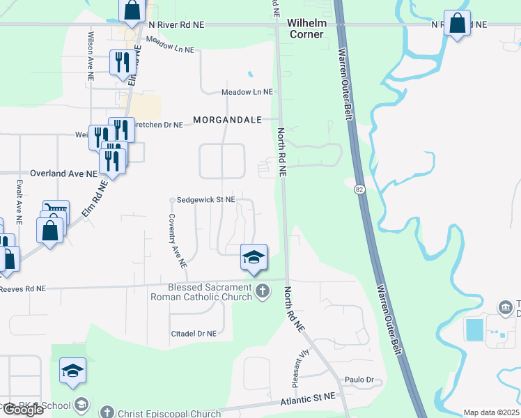 map of restaurants, bars, coffee shops, grocery stores, and more near 1885 North Road Northeast in Warren