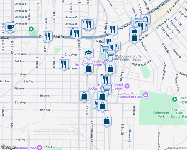 map of restaurants, bars, coffee shops, grocery stores, and more near 238 South 6th Street in Council Bluffs