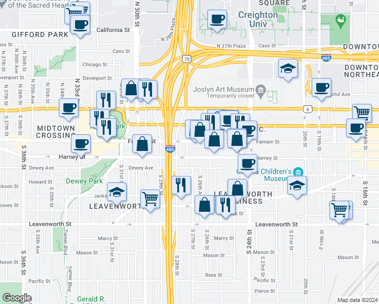 map of restaurants, bars, coffee shops, grocery stores, and more near in Omaha