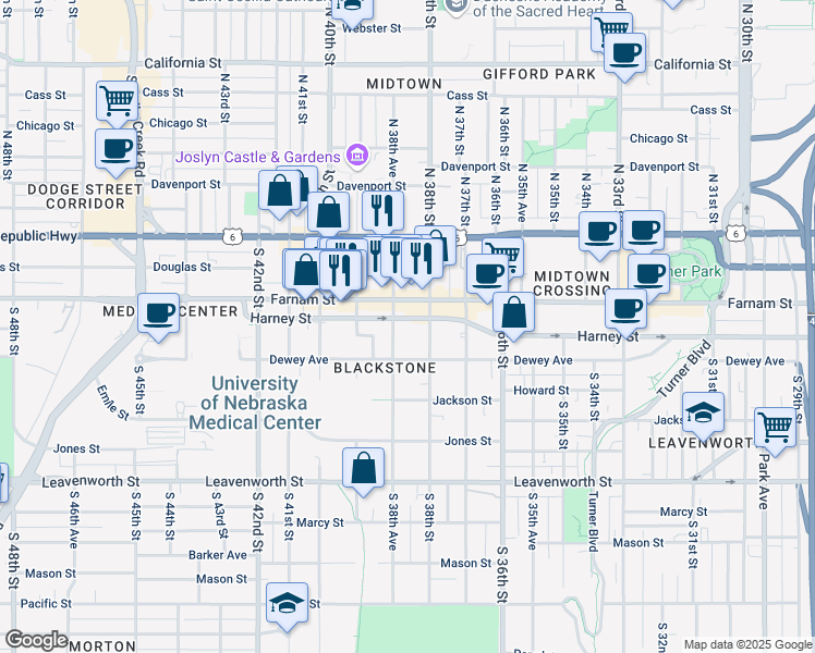 map of restaurants, bars, coffee shops, grocery stores, and more near 3815 Farnam Street in Omaha