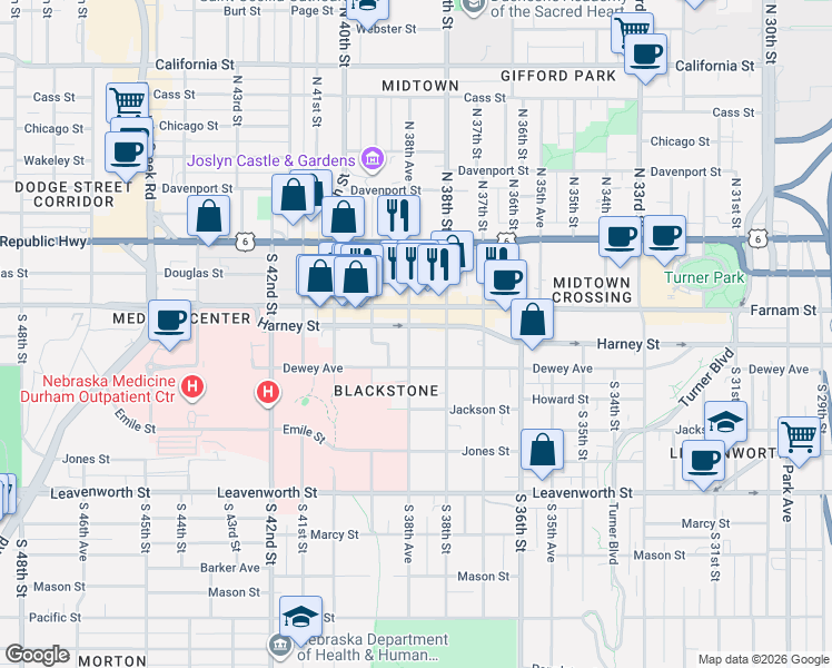 map of restaurants, bars, coffee shops, grocery stores, and more near 3815 Farnam Street in Omaha