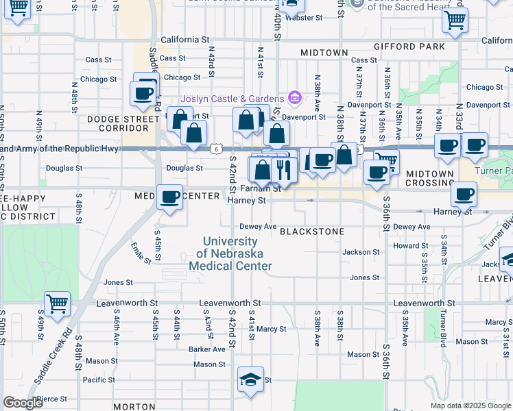 map of restaurants, bars, coffee shops, grocery stores, and more near 304 South 41st Street in Omaha