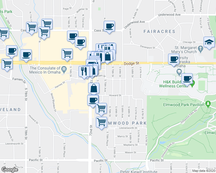 map of restaurants, bars, coffee shops, grocery stores, and more near 7001 Farnam Street in Omaha