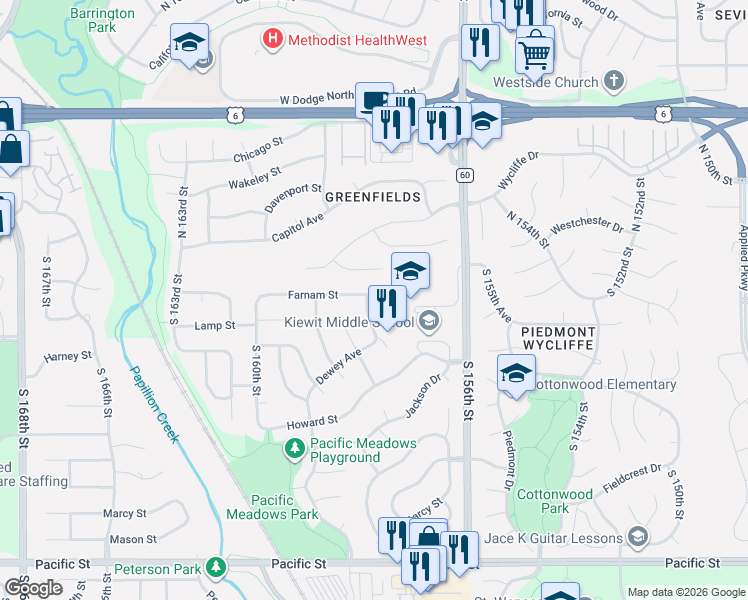 map of restaurants, bars, coffee shops, grocery stores, and more near 15666 Farnam Circle in Omaha