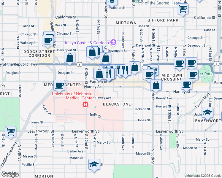 map of restaurants, bars, coffee shops, grocery stores, and more near 404 South 39th Street in Omaha