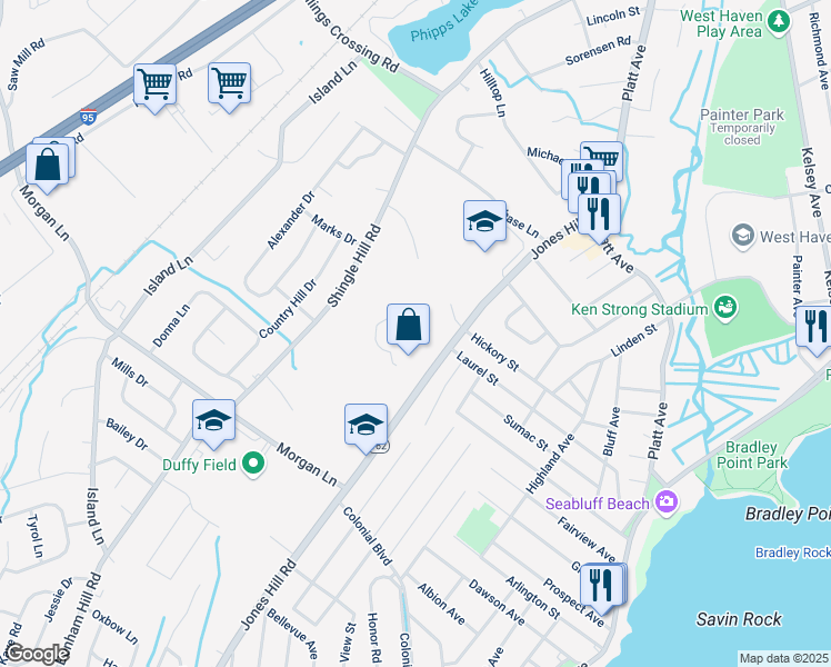 map of restaurants, bars, coffee shops, grocery stores, and more near 12 Jones Hill Road in West Haven