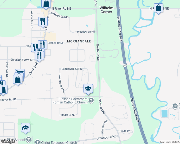 map of restaurants, bars, coffee shops, grocery stores, and more near 1826 Cranberry Lane Northeast in Warren