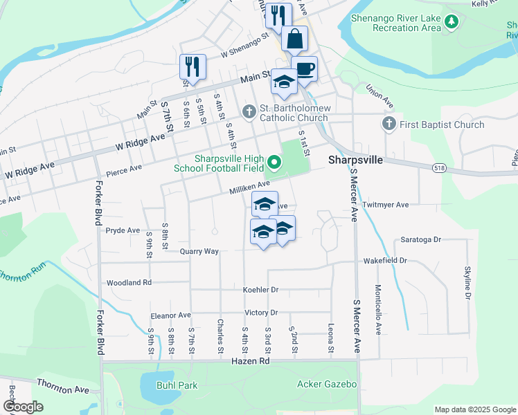 map of restaurants, bars, coffee shops, grocery stores, and more near 100 Hittle Avenue in Sharpsville