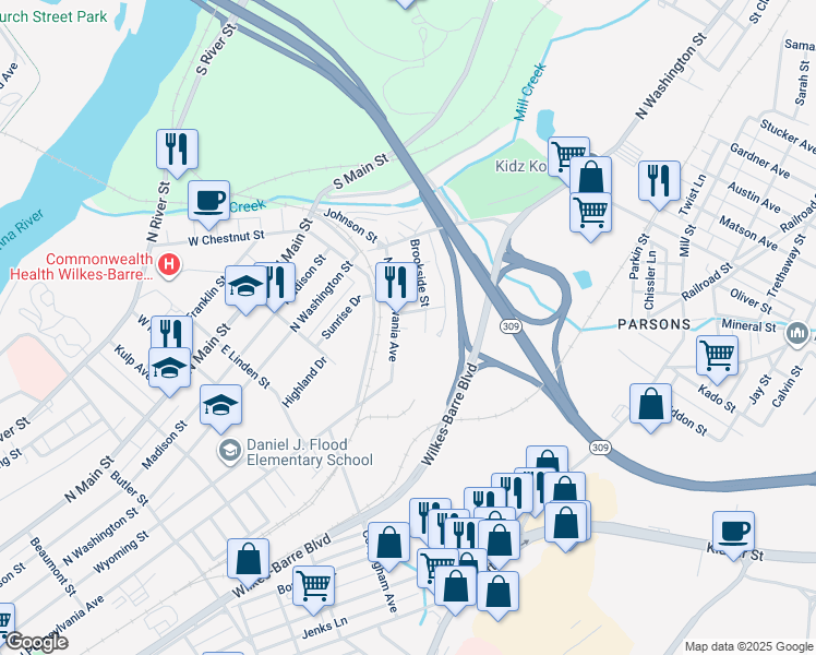 map of restaurants, bars, coffee shops, grocery stores, and more near 751 N Pennsylvania Ave in Wilkes-Barre