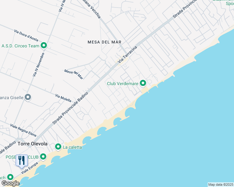 map of restaurants, bars, coffee shops, grocery stores, and more near 144 Via Terracina in San Felice Circeo