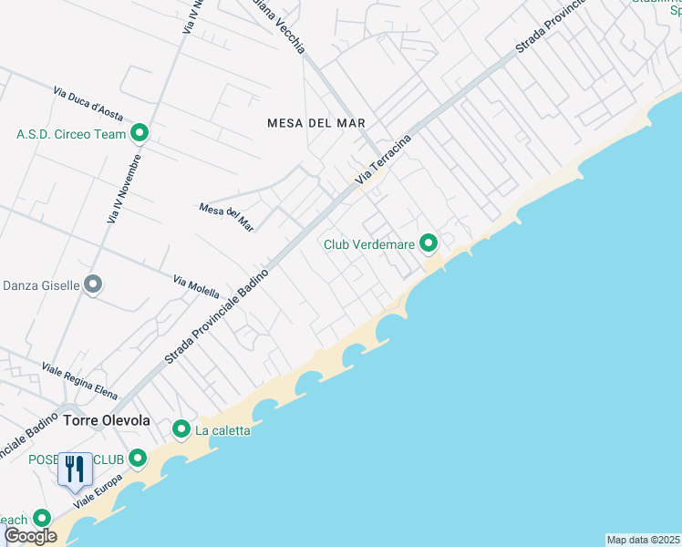 map of restaurants, bars, coffee shops, grocery stores, and more near Golfo Sereno in San Felice Circeo