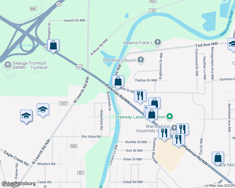 map of restaurants, bars, coffee shops, grocery stores, and more near Parkman Road Northwest in Warren