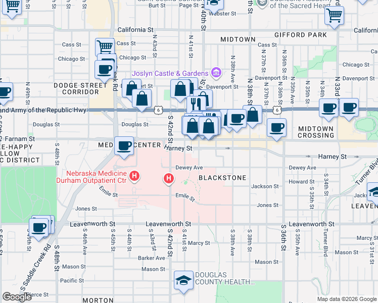 map of restaurants, bars, coffee shops, grocery stores, and more near 401 South 41st Street in Omaha