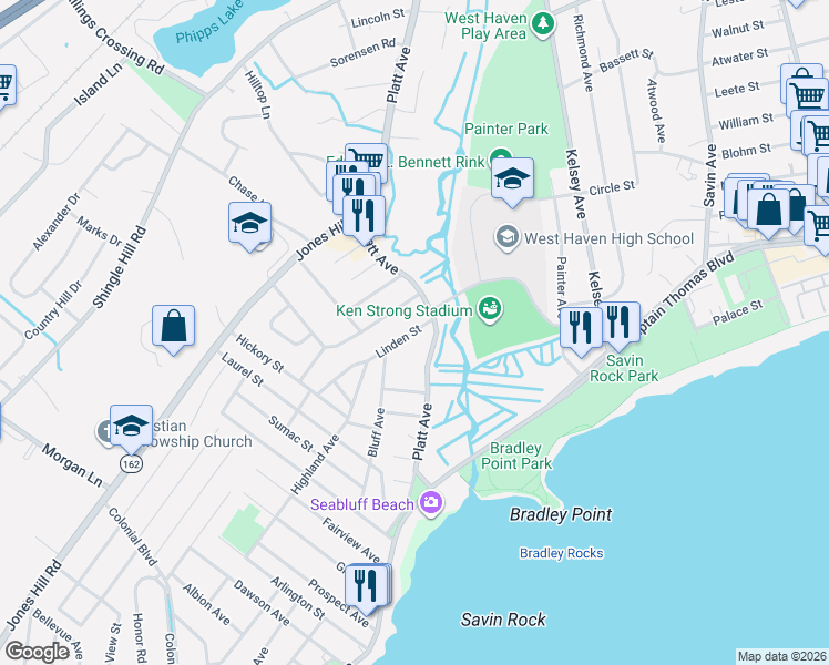 map of restaurants, bars, coffee shops, grocery stores, and more near 18 Linden St in West Haven