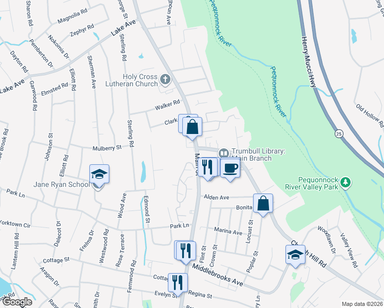 map of restaurants, bars, coffee shops, grocery stores, and more near 5881 Main Street in Trumbull