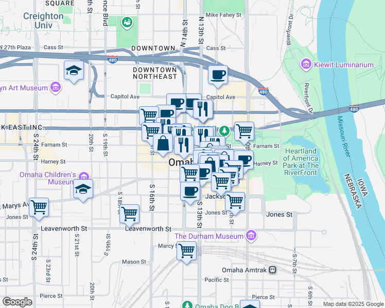 map of restaurants, bars, coffee shops, grocery stores, and more near 324 South 14th Street in Omaha