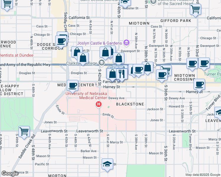 map of restaurants, bars, coffee shops, grocery stores, and more near 401 South 41st Street in Omaha