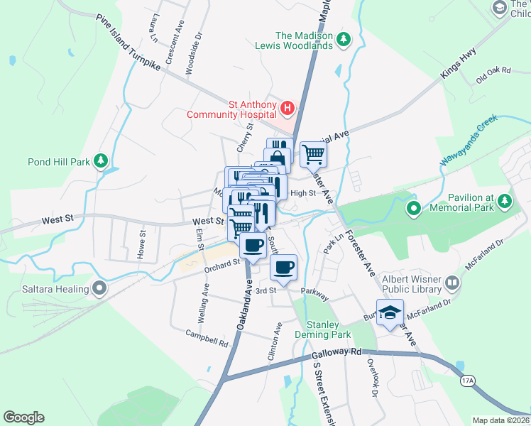 map of restaurants, bars, coffee shops, grocery stores, and more near 47 Main Street in Warwick