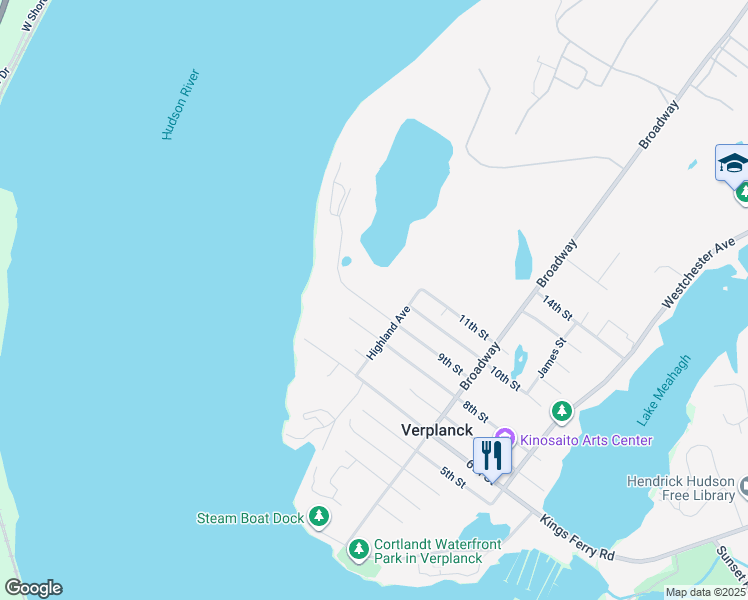 map of restaurants, bars, coffee shops, grocery stores, and more near 285 9th Street in Verplanck