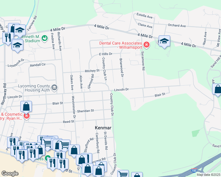 map of restaurants, bars, coffee shops, grocery stores, and more near 1401 Pebblewood Lane in Williamsport