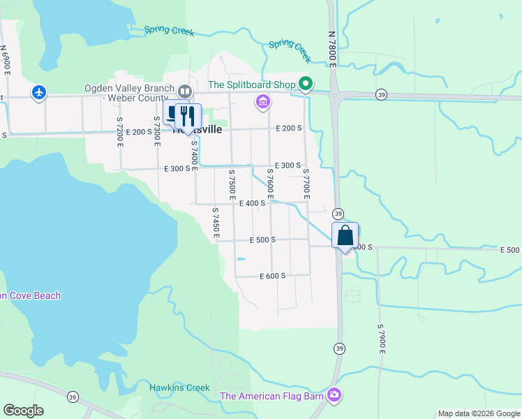 map of restaurants, bars, coffee shops, grocery stores, and more near 7562 East 400 South in Huntsville