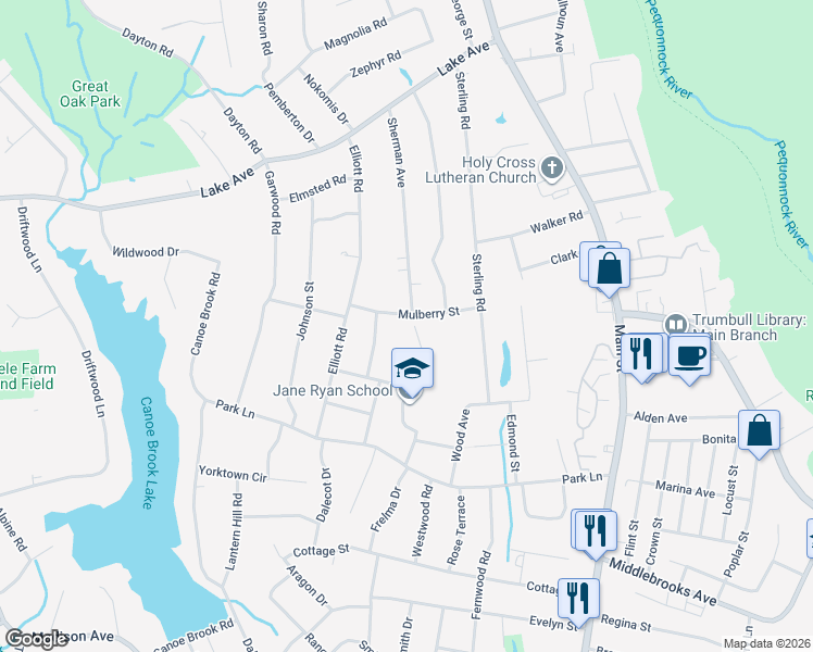map of restaurants, bars, coffee shops, grocery stores, and more near 38 Mulberry Street in Trumbull