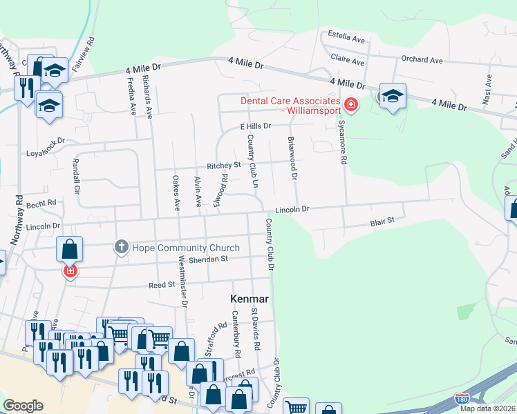 map of restaurants, bars, coffee shops, grocery stores, and more near 1401 Pebblewood Lane in Williamsport