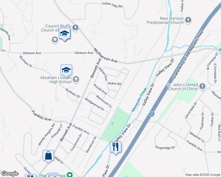 map of restaurants, bars, coffee shops, grocery stores, and more near 106 Robin Road in Council Bluffs
