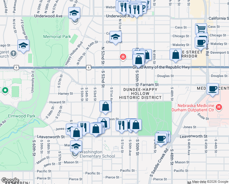 map of restaurants, bars, coffee shops, grocery stores, and more near 304 South 51st Avenue in Omaha