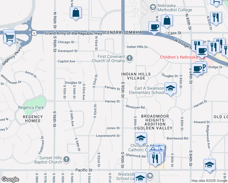 map of restaurants, bars, coffee shops, grocery stores, and more near 21 South 92nd Street in Omaha
