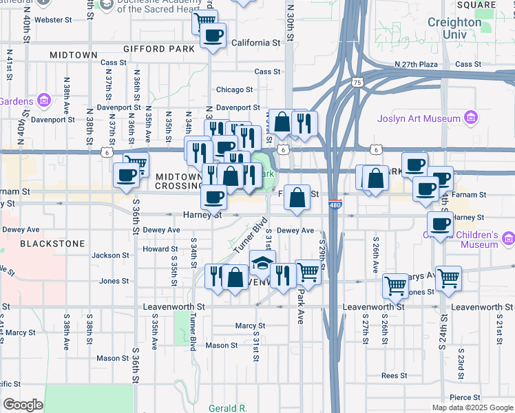 map of restaurants, bars, coffee shops, grocery stores, and more near 3114 Harney Street in Omaha