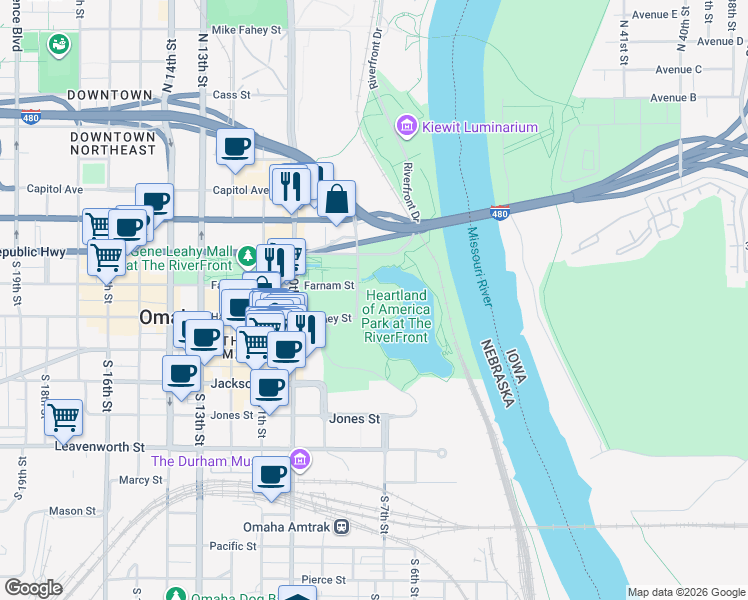 map of restaurants, bars, coffee shops, grocery stores, and more near 800 Douglas Street in Omaha