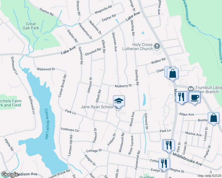 map of restaurants, bars, coffee shops, grocery stores, and more near 38 Mulberry Street in Trumbull