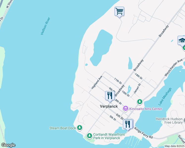 map of restaurants, bars, coffee shops, grocery stores, and more near 285 9th Street in Verplanck