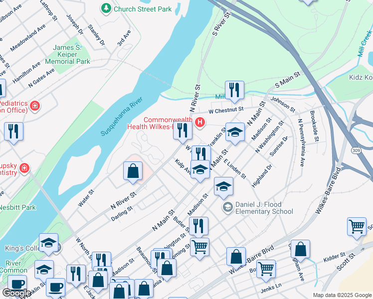 map of restaurants, bars, coffee shops, grocery stores, and more near 68 /70 West Maple Street in Wilkes-Barre
