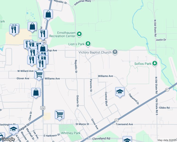 map of restaurants, bars, coffee shops, grocery stores, and more near 85 Parsons Street in Norwalk