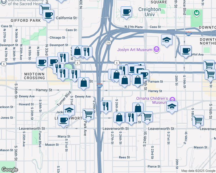 map of restaurants, bars, coffee shops, grocery stores, and more near in Omaha