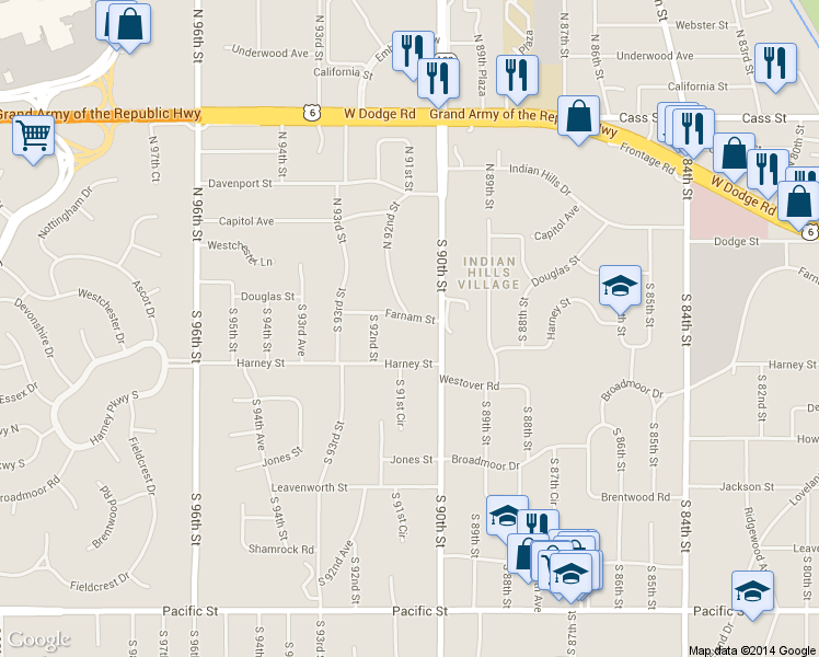 map of restaurants, bars, coffee shops, grocery stores, and more near 21 South 92nd Street in Omaha